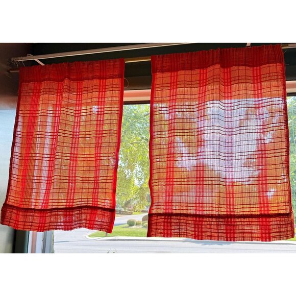 Vintage 70s curtains, red, orange, yellow sheer woven panels, tiebacks, pair - Picture 1 of 10